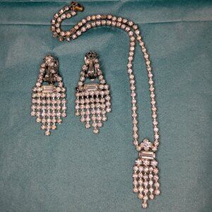 Glam Vintage Rhinestone Clip On Waterfall Earrings and Statement Necklace Set